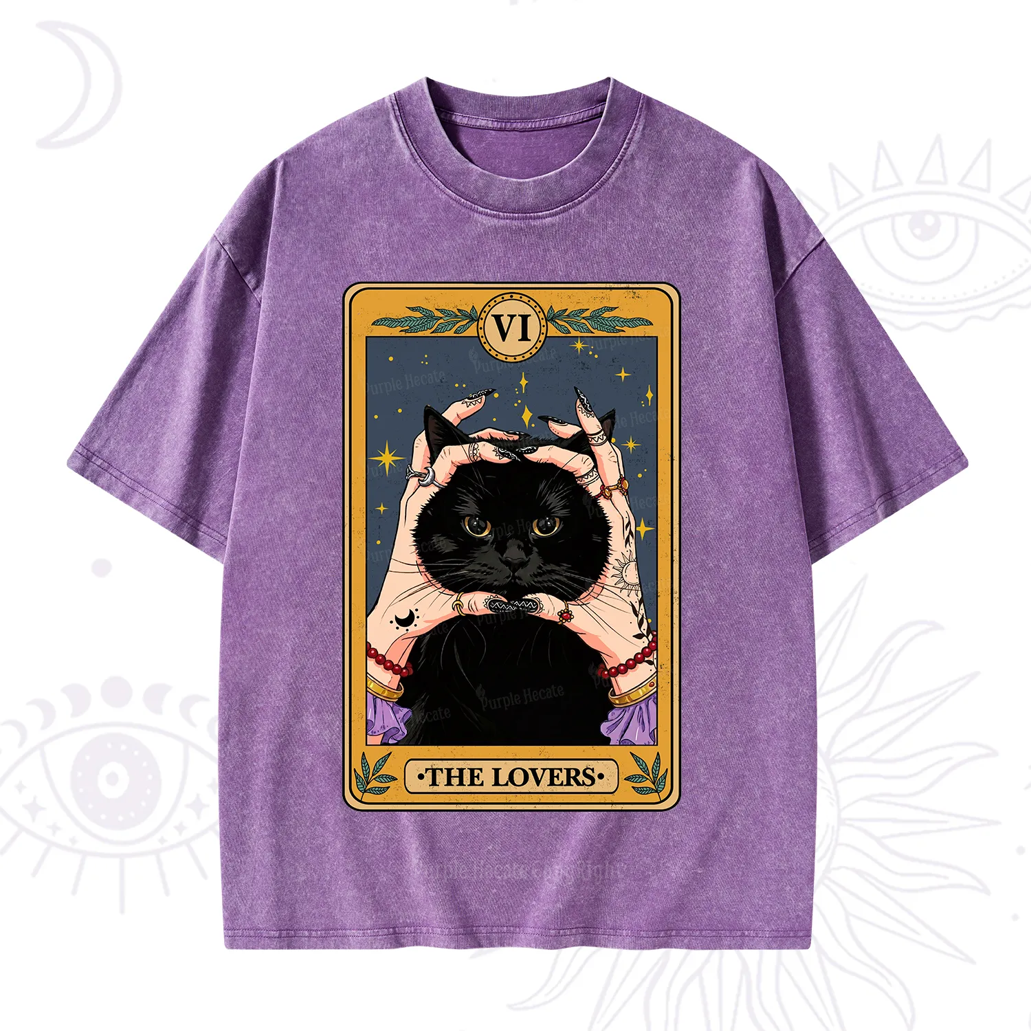 Purplehecate Black Cat The Lovers Tarot Card Washed T-Shirt