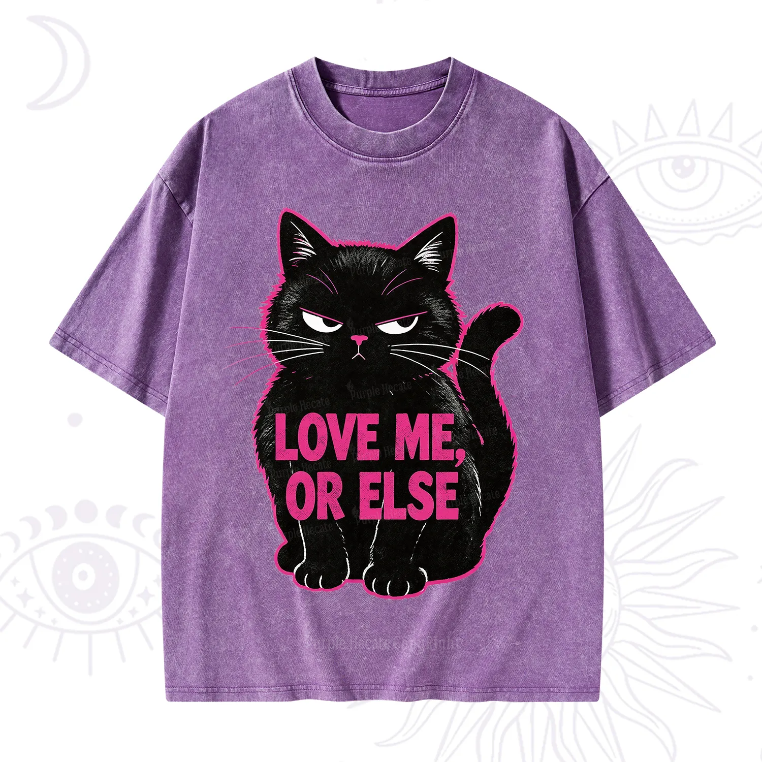 Purplehecate Grumpy Black Cat Love Me or Else Washed T-Shirt
