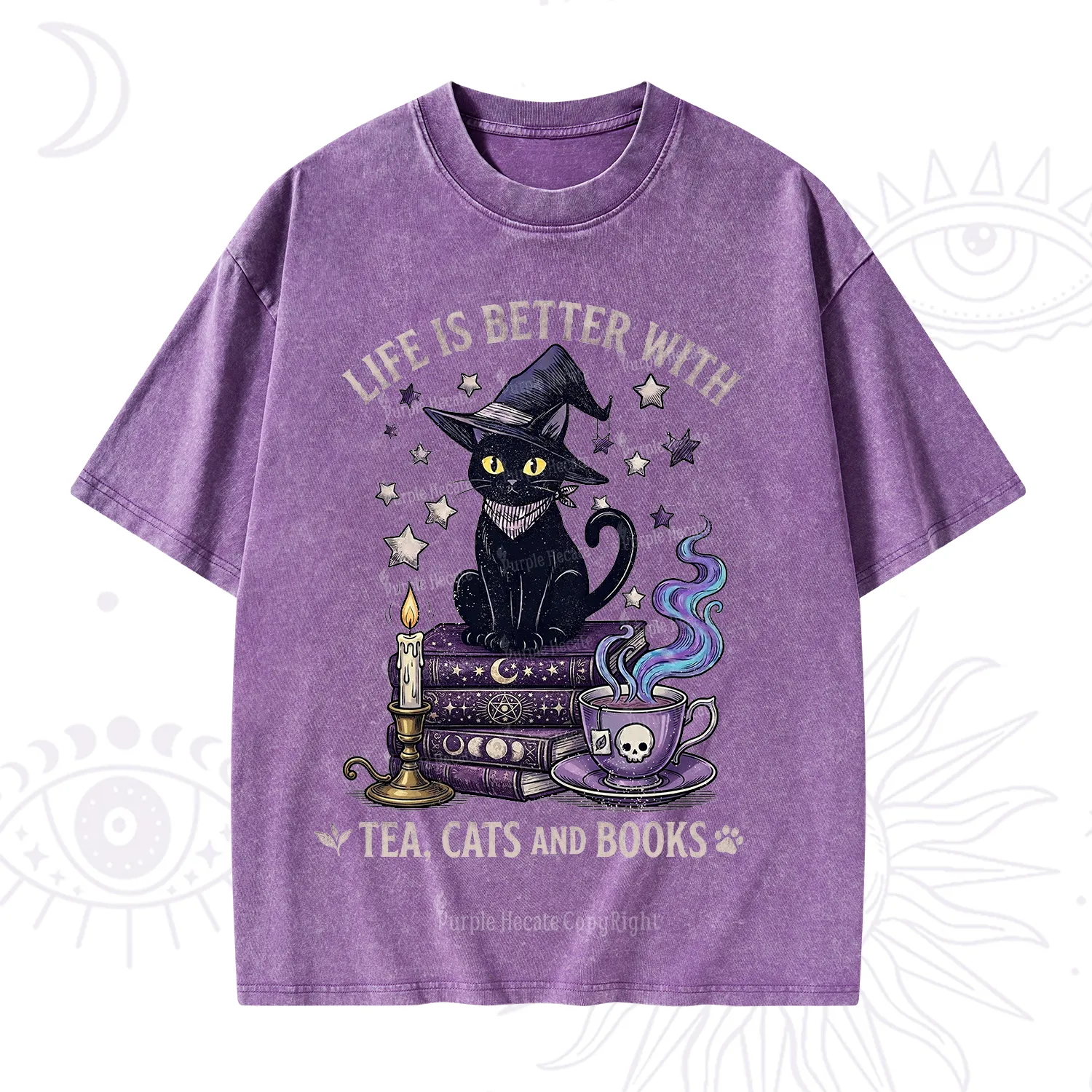 Purplehecate Life Is Better With Cats And Books Washed T-Shirt