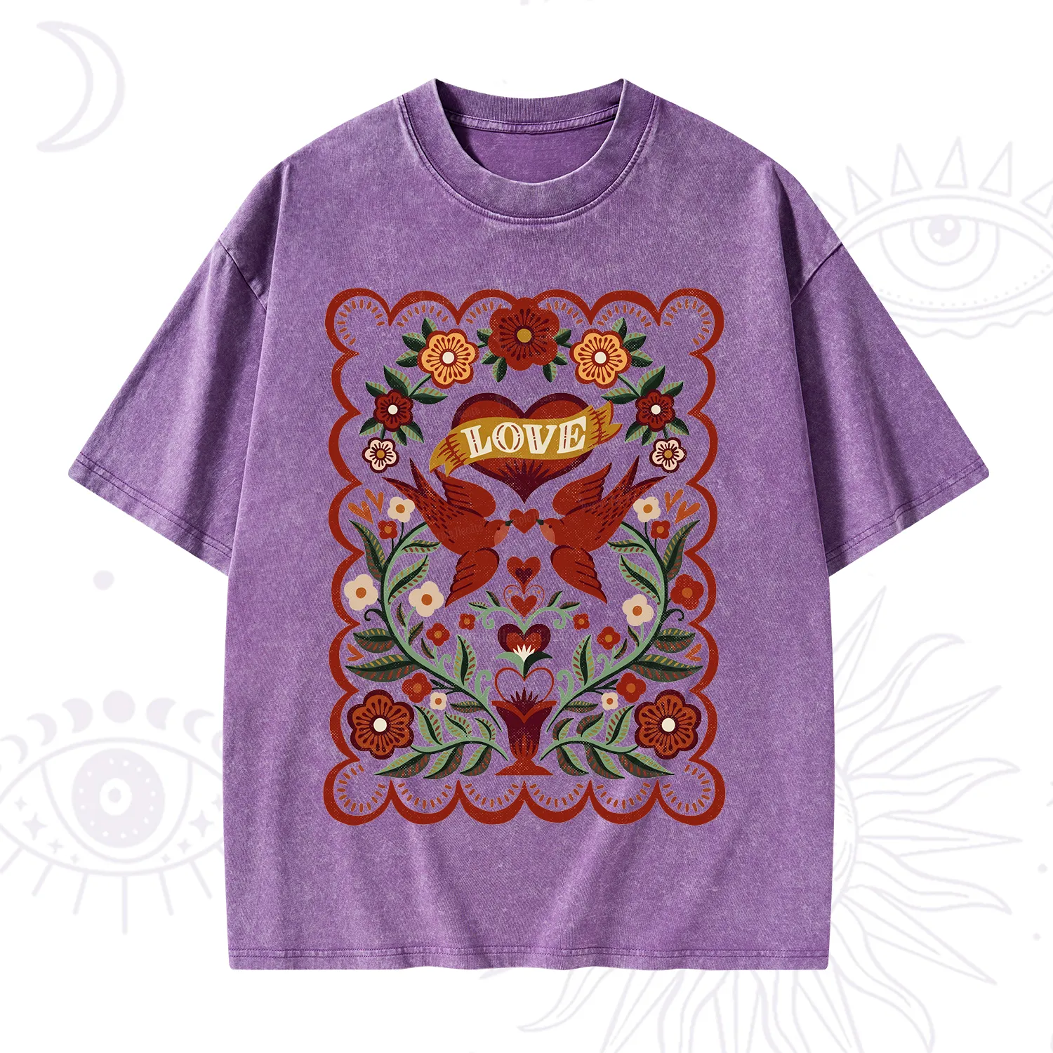Purplehecate Folk Love Birds Floral Washed T-Shirt