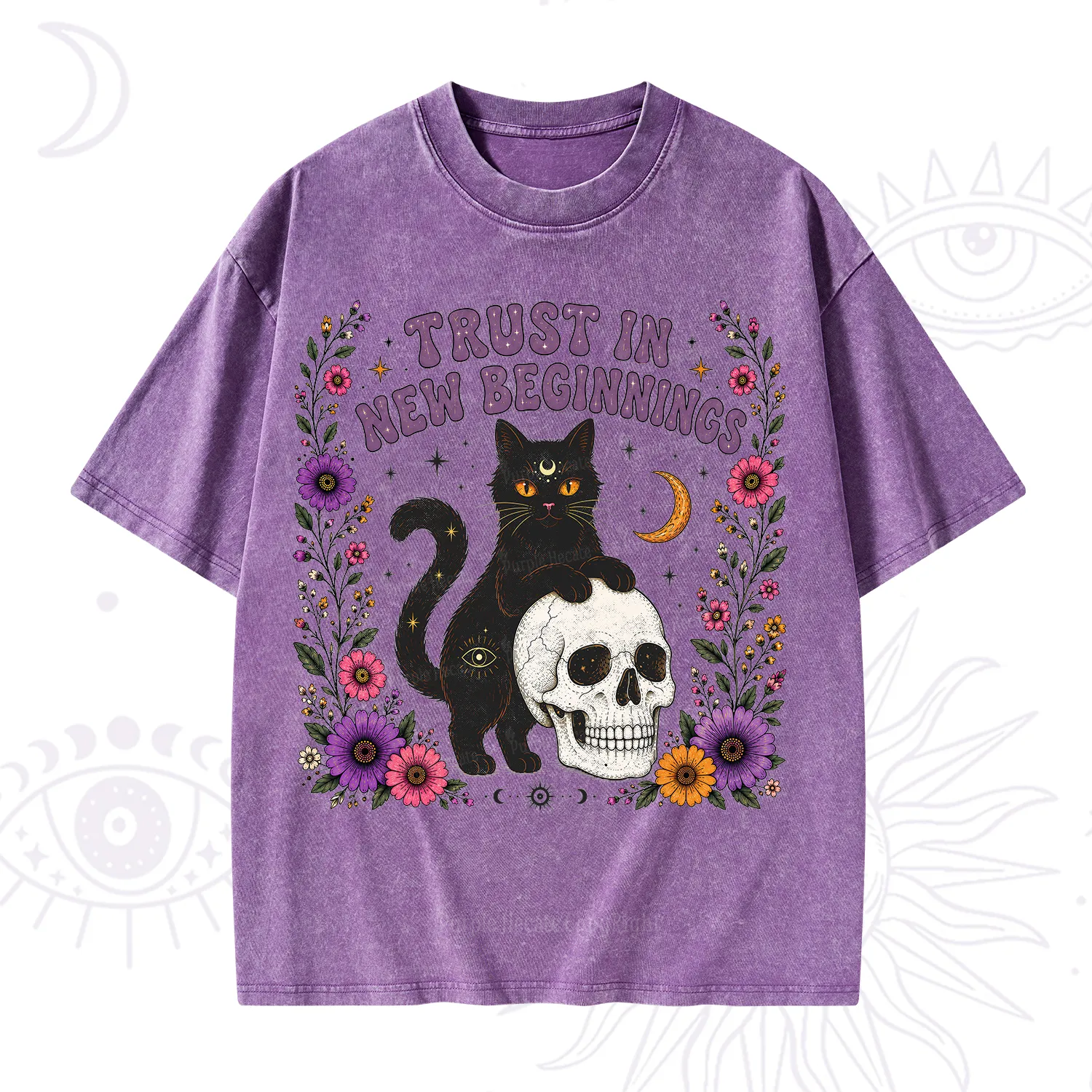 Purplehecate Trust in New Beginnings Black Cat Washed T-Shirt