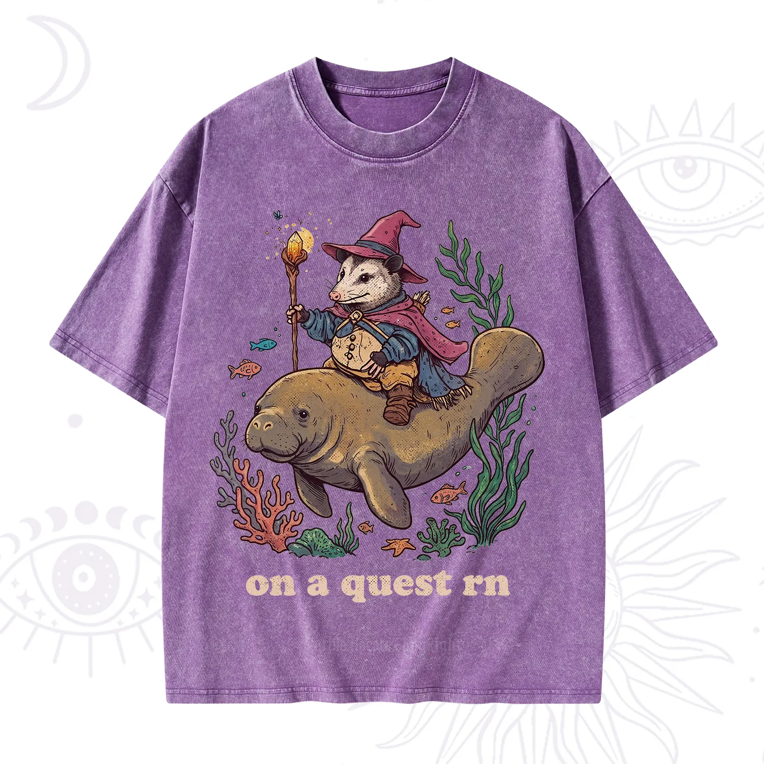Purplehecate Opossum Wizard on Sea Quest Washed T-Shirt