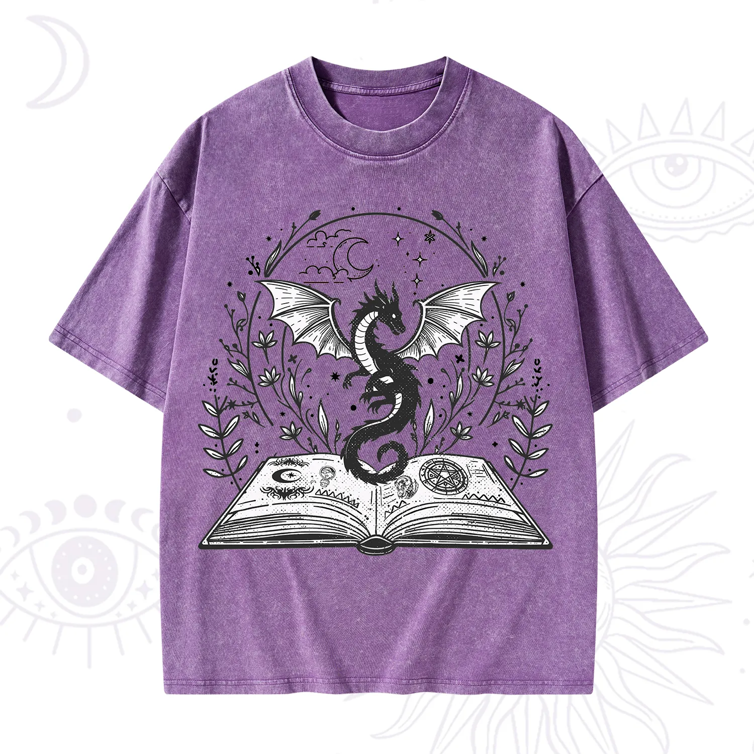 Purplehecate Magical Book Dragon Fantasy Washed T-Shirt