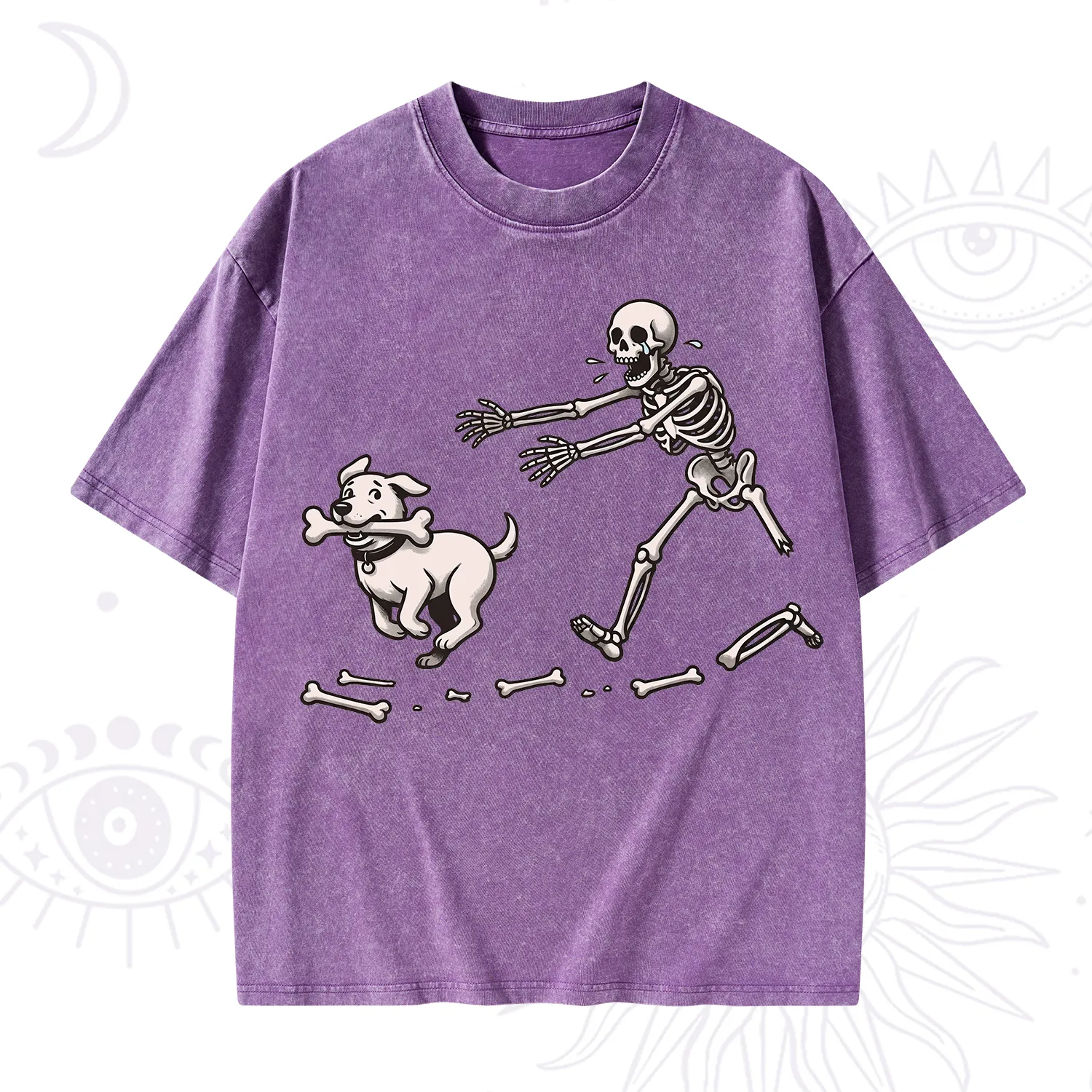 Purplehecate Halloween Skeleton Chasing Dog Washed T-Shirt