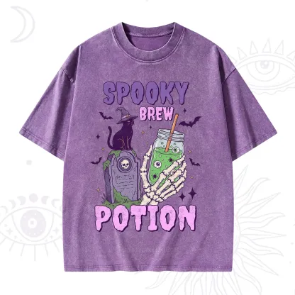 Purplehecate Spooky Brew Potion Halloween Washed T-Shirt