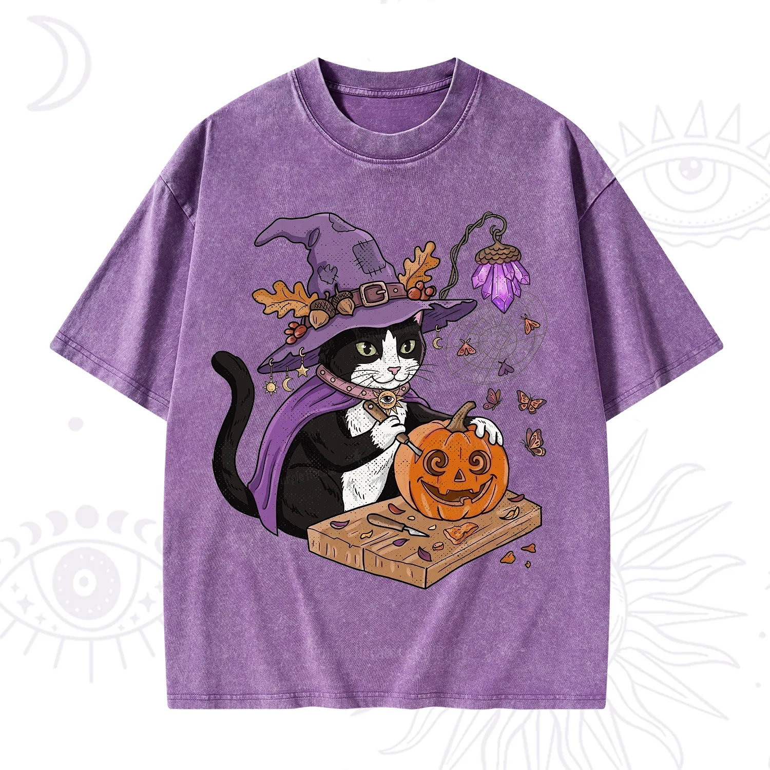 Purplehecate Pumpkin Carving Witch Cat Washed T-Shirt