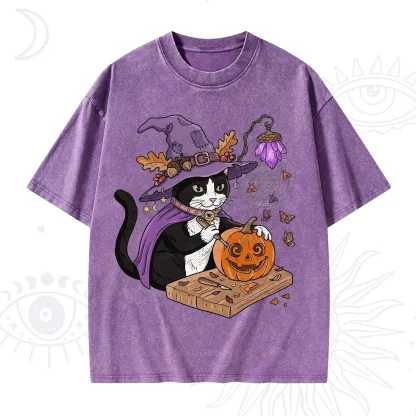 Purplehecate Pumpkin Carving Witch Cat Washed T-Shirt