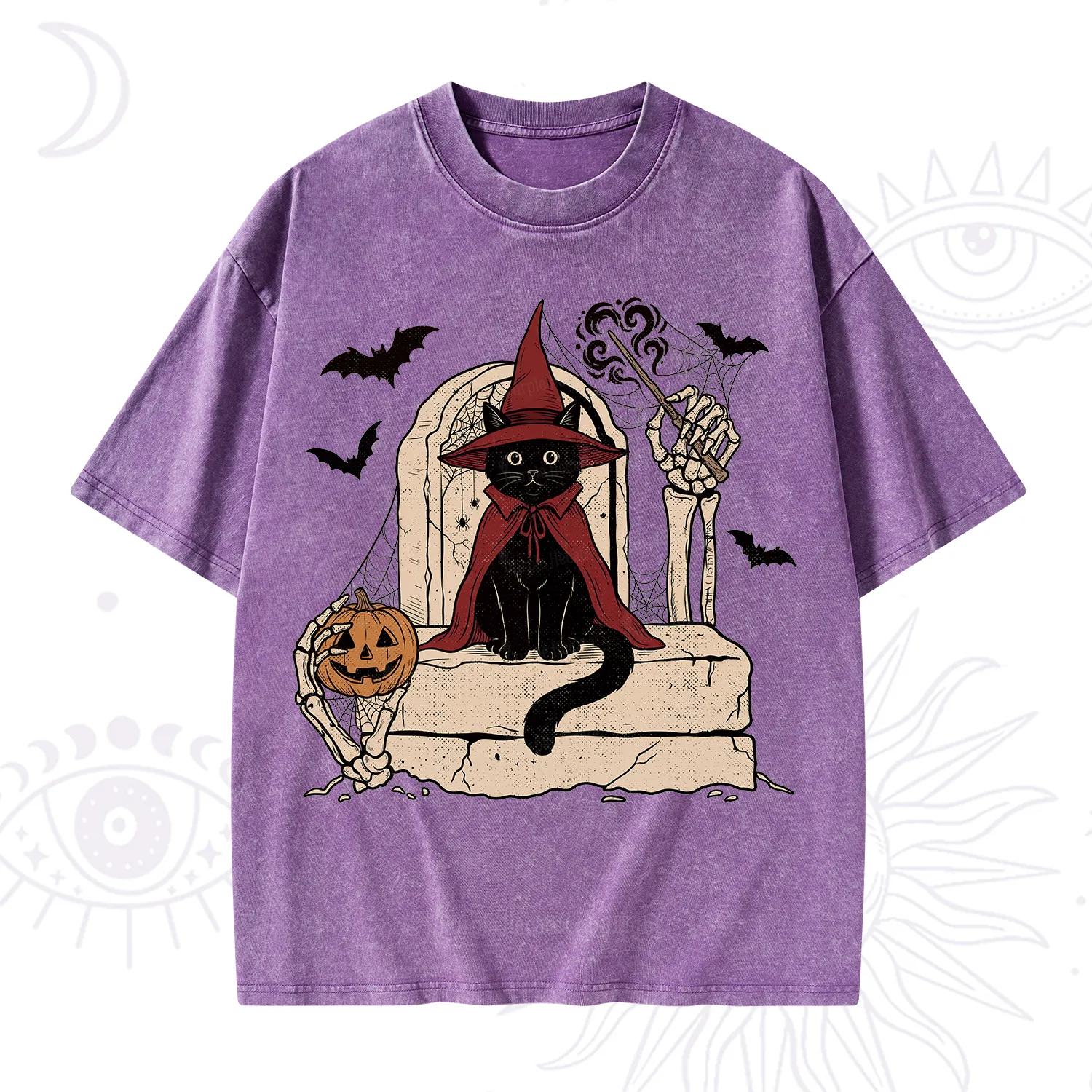 Purplehecate Wizard Black Cat on the Tombstone Halloween Washed T-Shirt