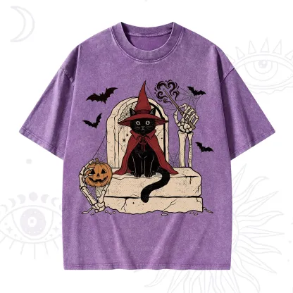 Purplehecate Wizard Black Cat on the Tombstone Halloween Washed T-Shirt