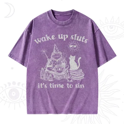 Purplehecate Wake Up Sluts It's Time to Sin Witch Frog Washed T-Shirt