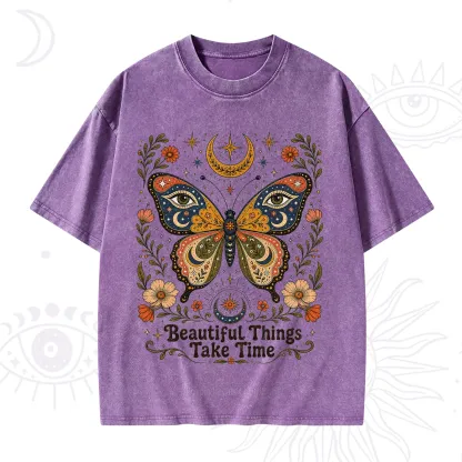 Purplehecate Beautiful Things Take Time Butterfly Washed T-Shirt