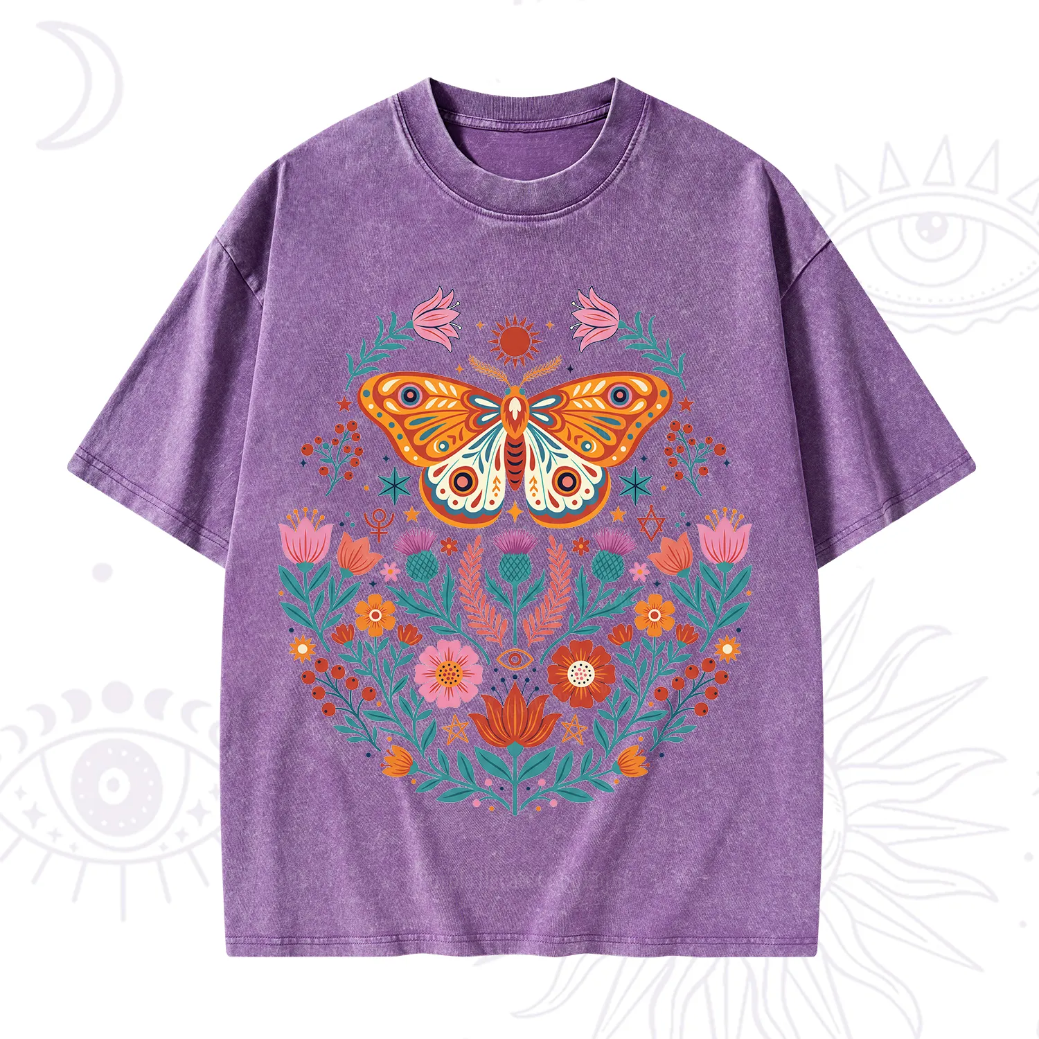 Purplehecate Boho Colorful Celestial Moth Washed T-Shirt