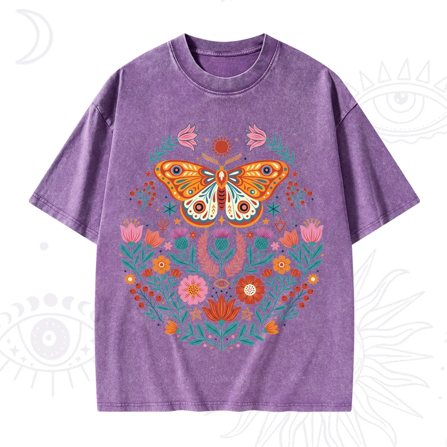 Purplehecate Boho Colorful Celestial Moth Washed T-Shirt