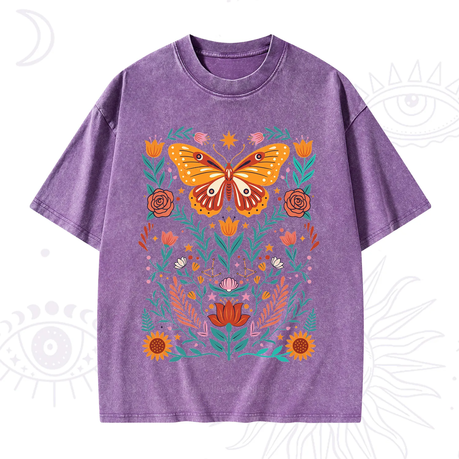 Purplehecate Boho Colorful Celestial Butterfly Washed T-Shirt