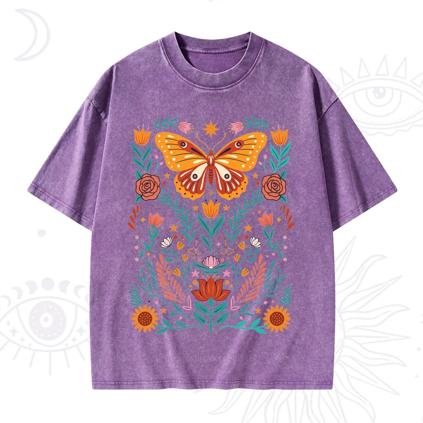 Purplehecate Boho Colorful Celestial Butterfly Washed T-Shirt
