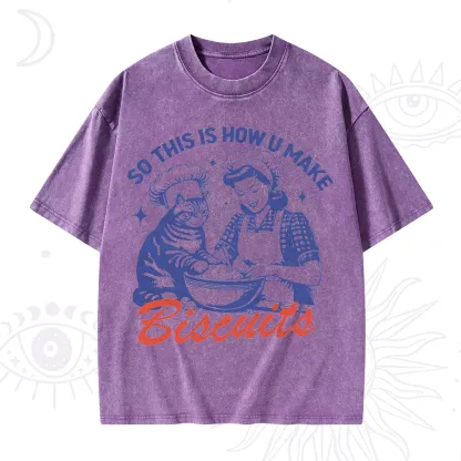 Purplehecate Funny Cat Baking Biscuits Washed T-Shirt