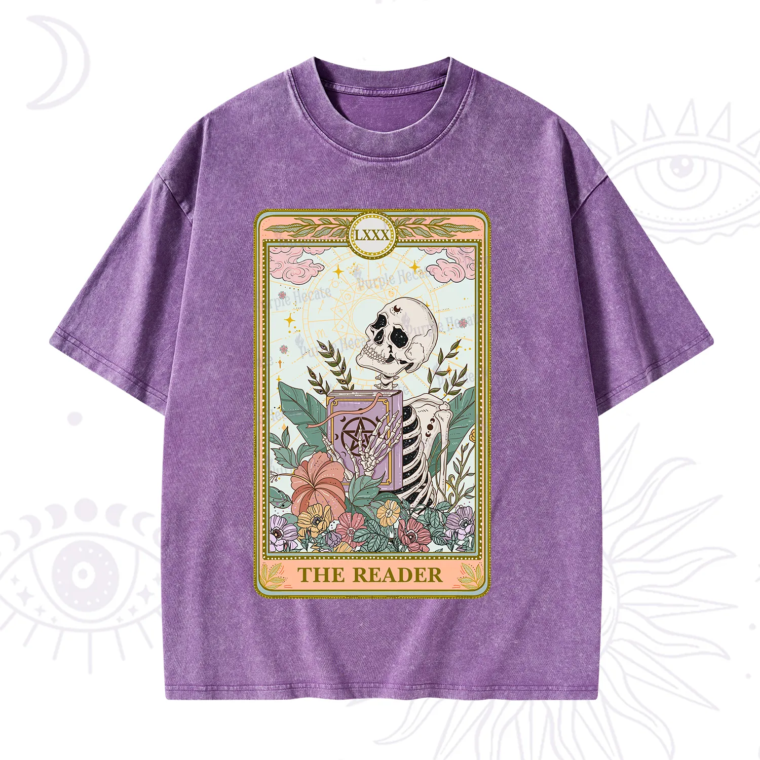 Purplehecate The Reader Occult Tarot Skeleton Washed T-Shirt