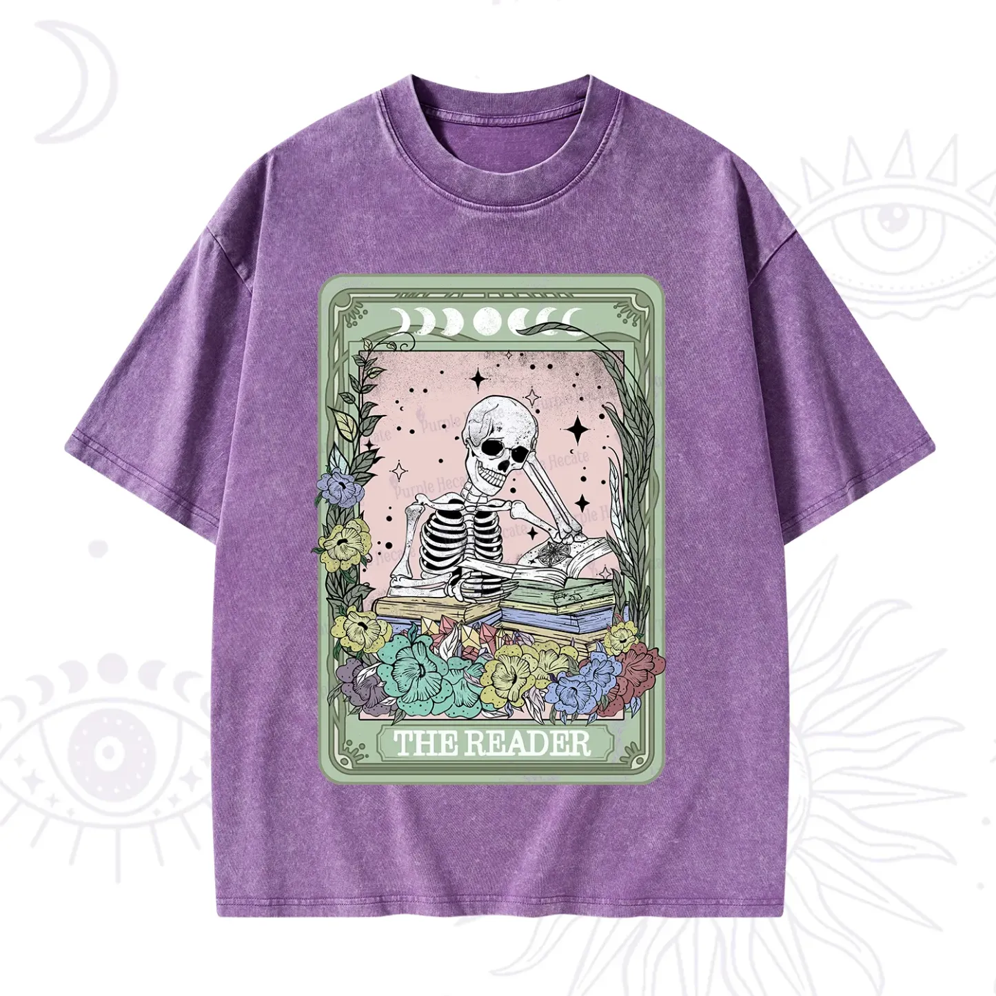 Purplehecate The Reader Bookworm Tarot Skeleton Washed T-Shirt