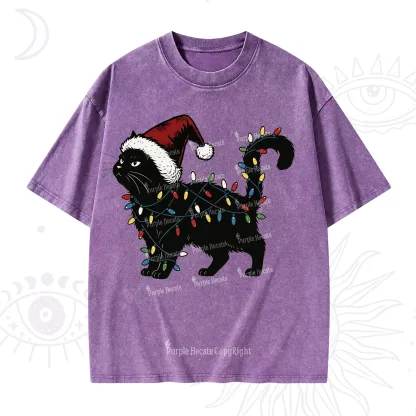 Purplehecate Cute Cat Christmas Washed T-Shirt