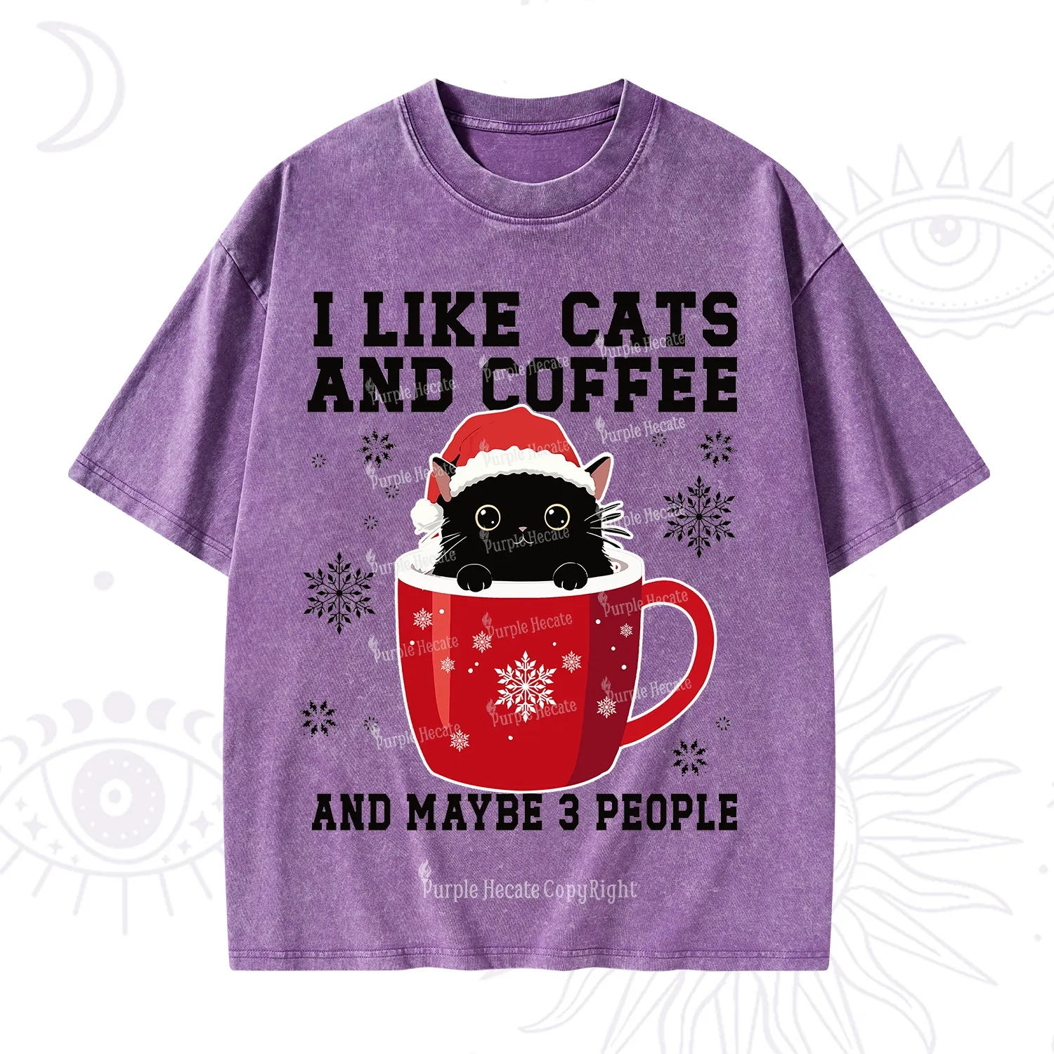 Purplehecate I like Cats And Coffee Christmas Washed T-Shirt