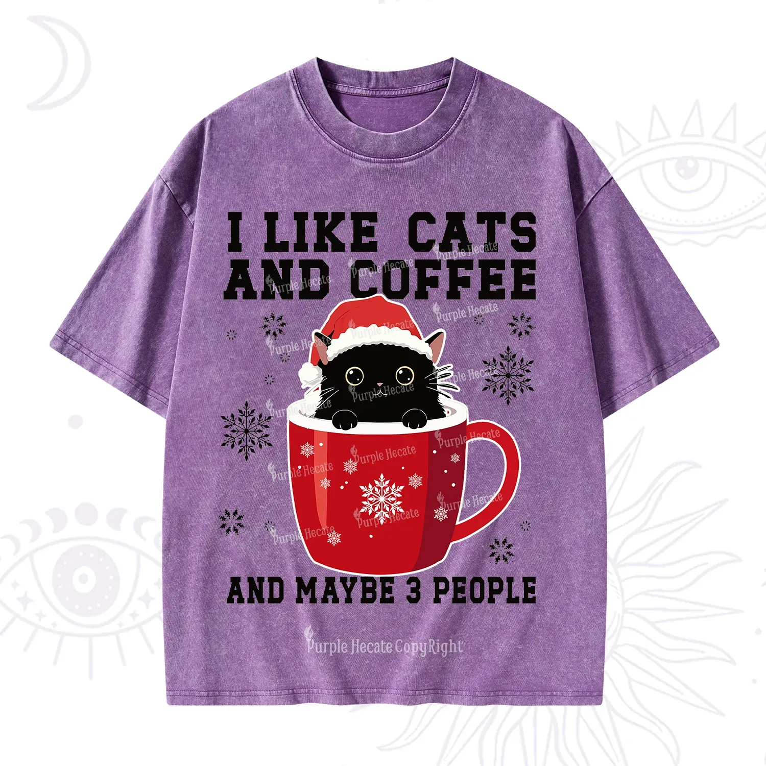 Purplehecate I like Cats And Coffee Christmas Washed T-Shirt
