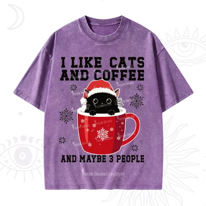 Purplehecate I like Cats And Coffee Christmas Washed T-Shirt