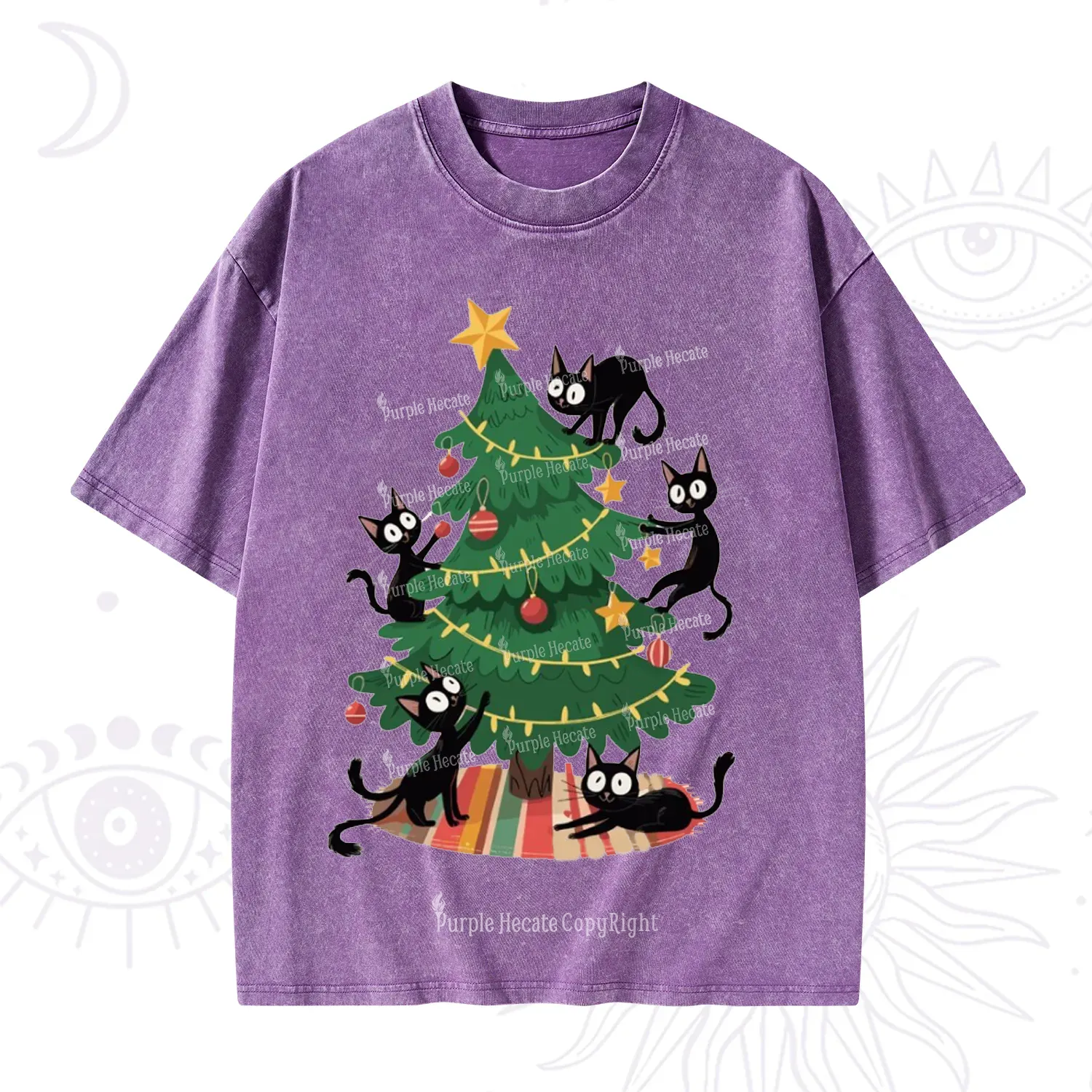 Purplehecate Black Cat in Tree Christmas Washed T-Shirt