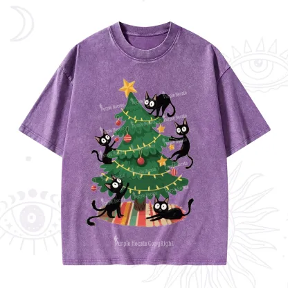 Purplehecate Black Cat in Tree Christmas Washed T-Shirt