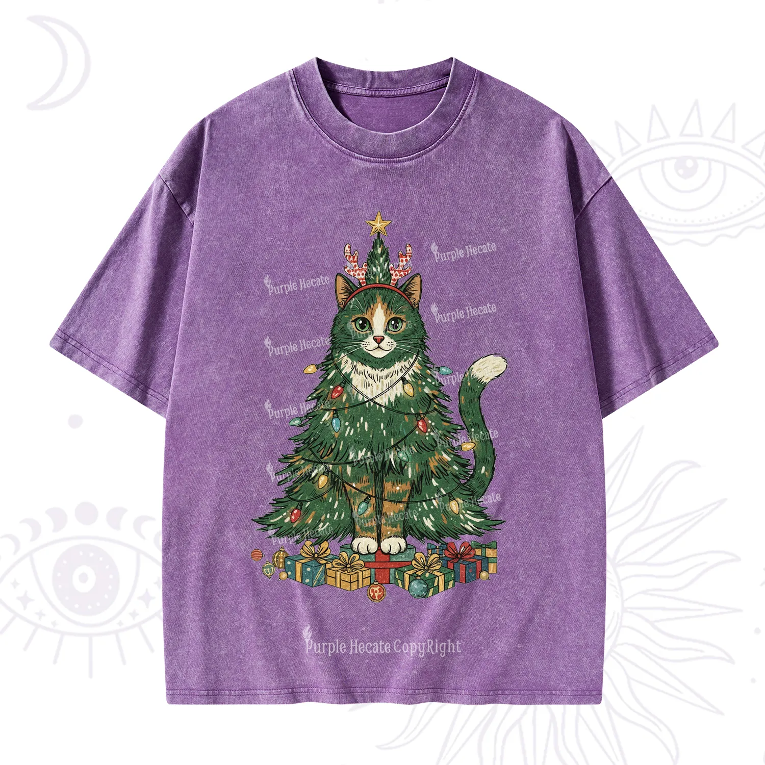 Purplehecate Cute Cats Christmas Tree Washed T-Shirt