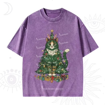 Purplehecate Cute Cats Christmas Tree Washed T-Shirt