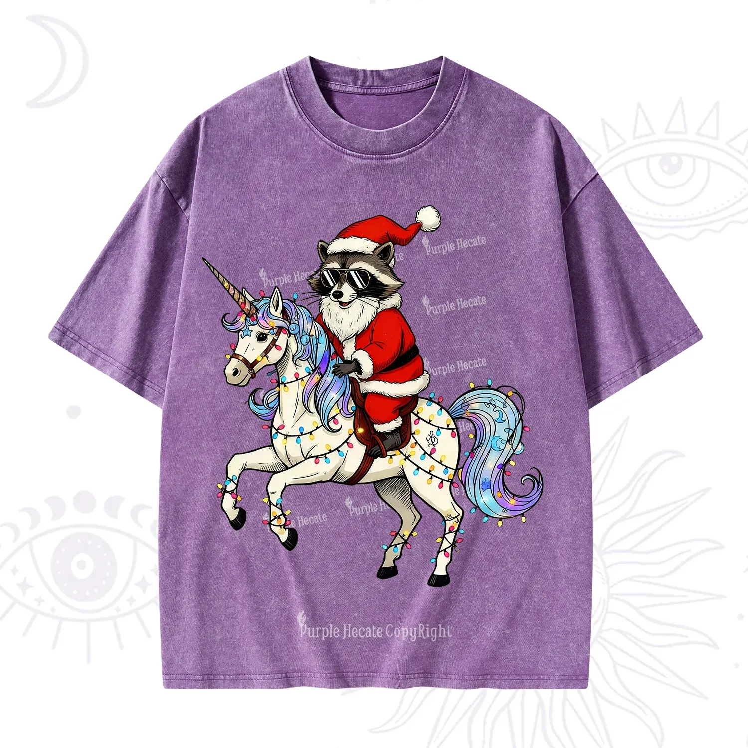 Purplehecate Santa Raccoon Riding Unicorn Tee Christmas Washed T-Shirt