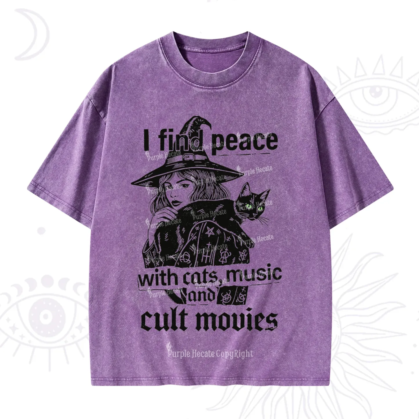 Purplehecate I Find Peace With Cats Music Cult Movies Washed T-Shirt