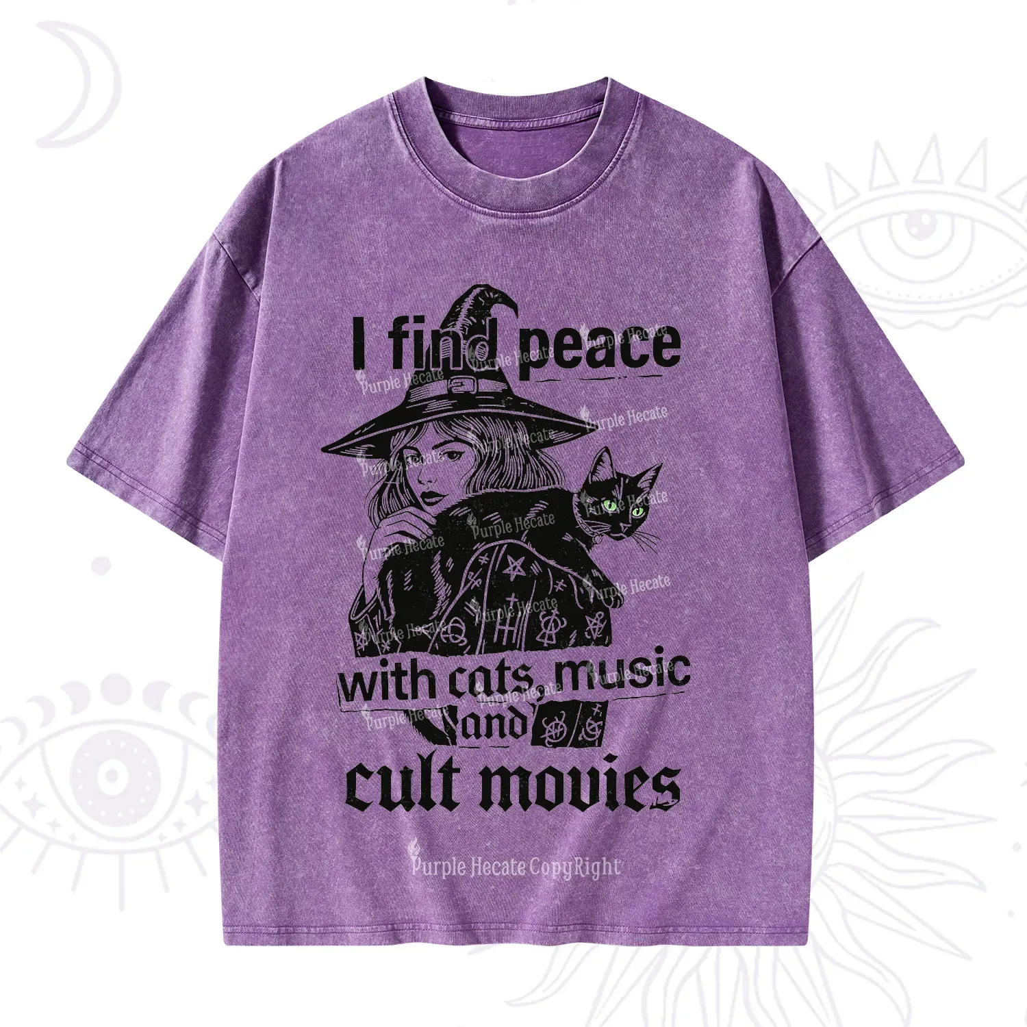 Purplehecate I Find Peace With Cats Music Cult Movies Washed T-Shirt