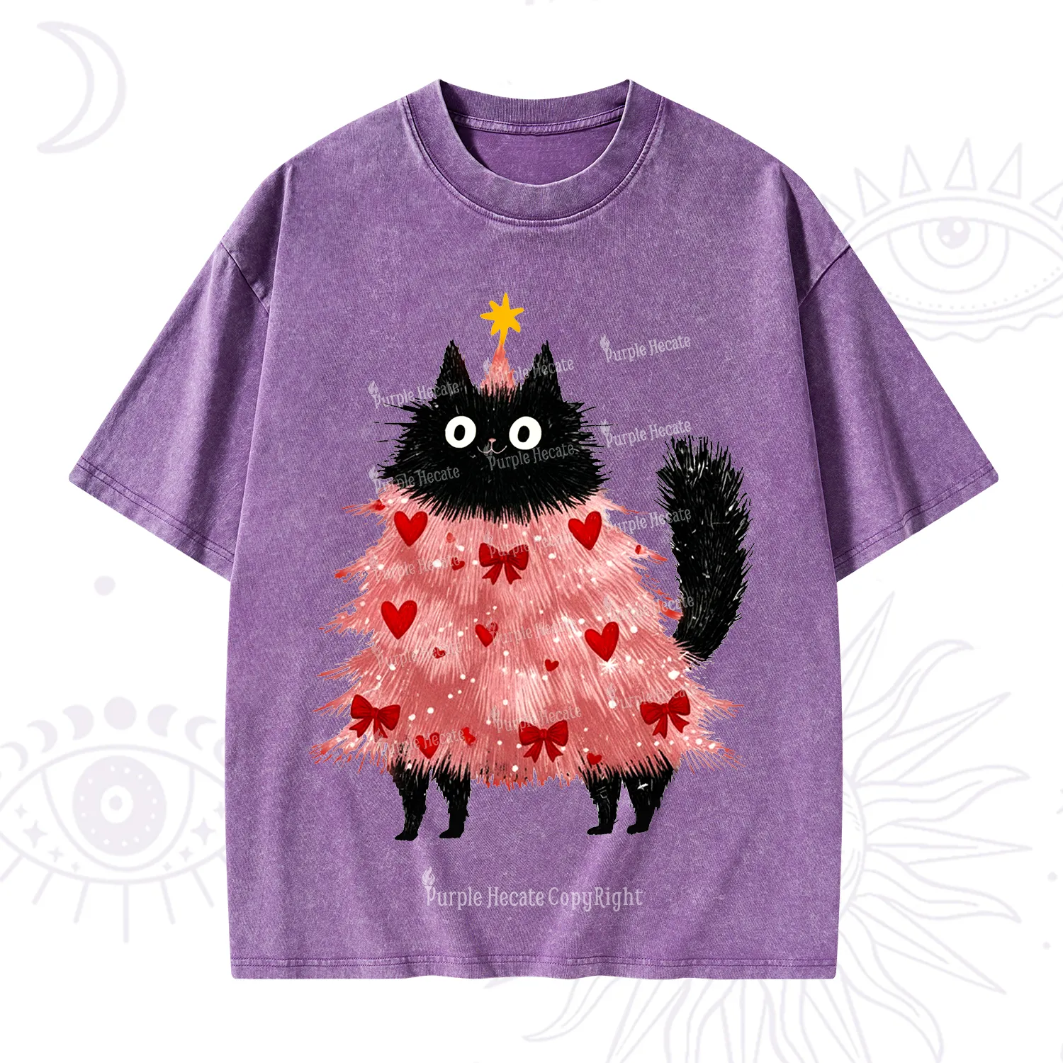 Purplehecate Funny Black Cat in Tree Valentine Washed T-Shirt