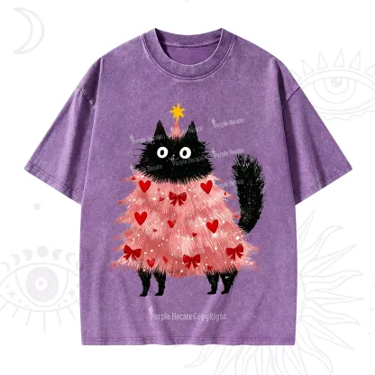 Purplehecate Funny Black Cat in Tree Valentine Washed T-Shirt