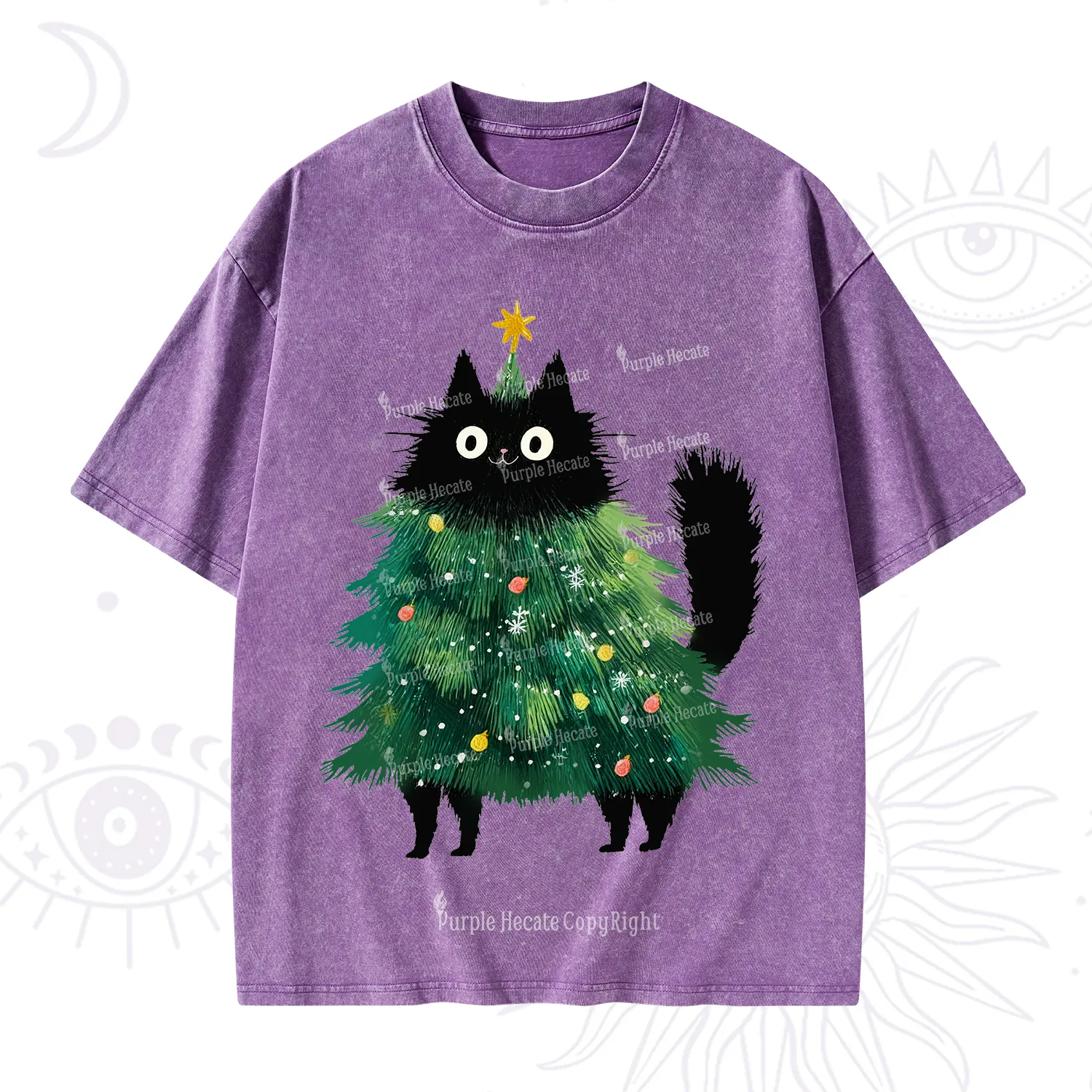 Purplehecate Black Cats Christmas Tree Christmas Washed T-Shirt