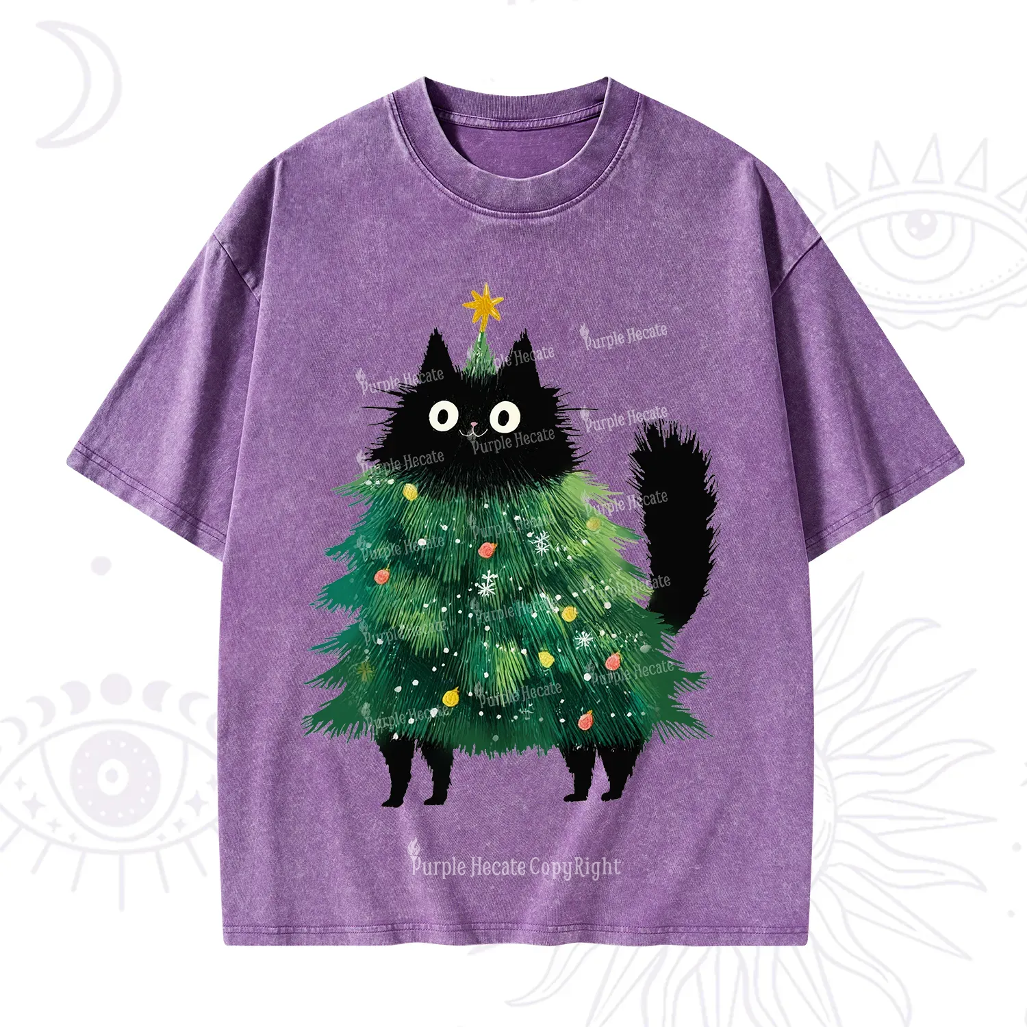Purplehecate Black Cats Christmas Tree Christmas Washed T-Shirt