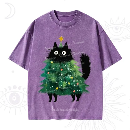 Purplehecate Black Cats Christmas Tree Christmas Washed T-Shirt