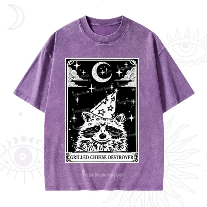 Purplehecate The Grilled Cheese Destroyer Tarot Raccoon Washed T-Shirt