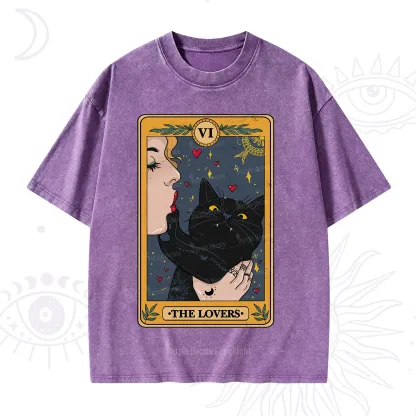 Purplehecate The Lovers Cat Tarot Washed T-Shirt