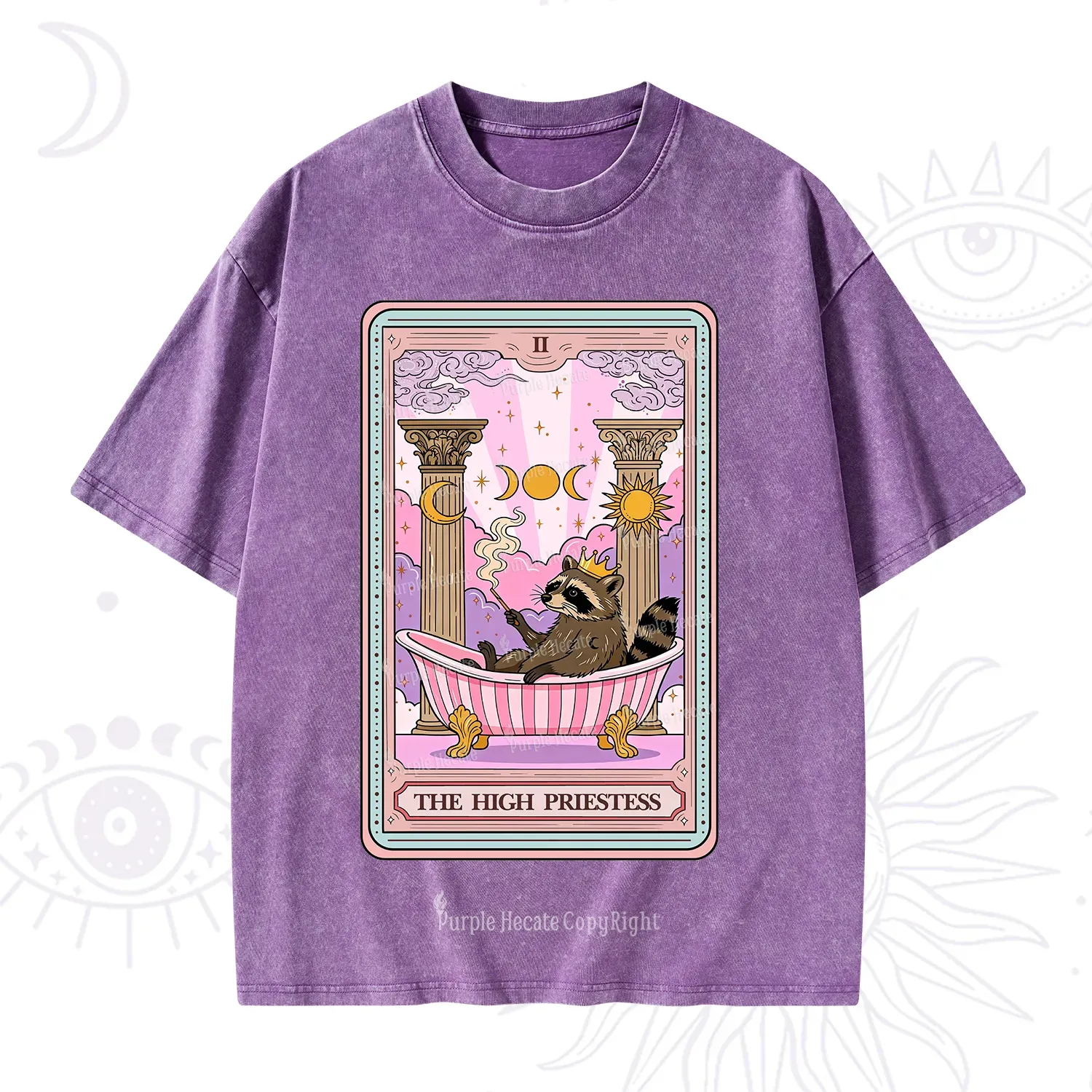 Purplehecate The High Priestess Raccoon Tarot Washed T-Shirt