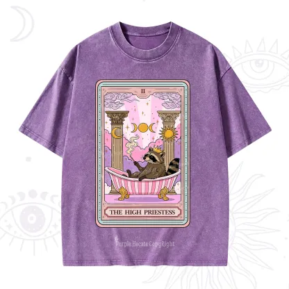 Purplehecate The High Priestess Raccoon Tarot Washed T-Shirt