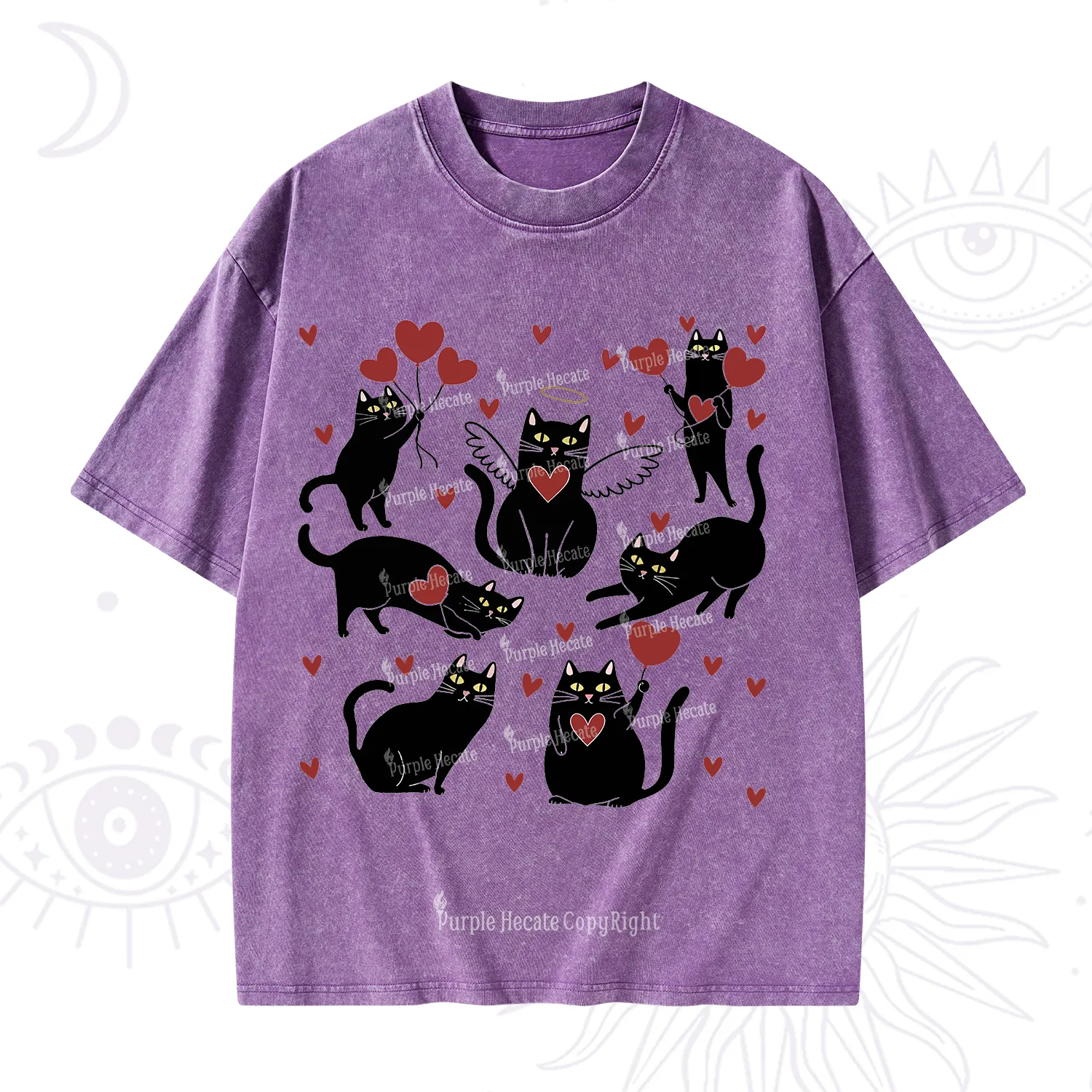Purplehecate Meowy Valentine's Romantic Cat Valentine Washed T-Shirt