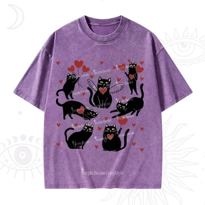 Purplehecate Meowy Valentine's Romantic Cat Valentine Washed T-Shirt