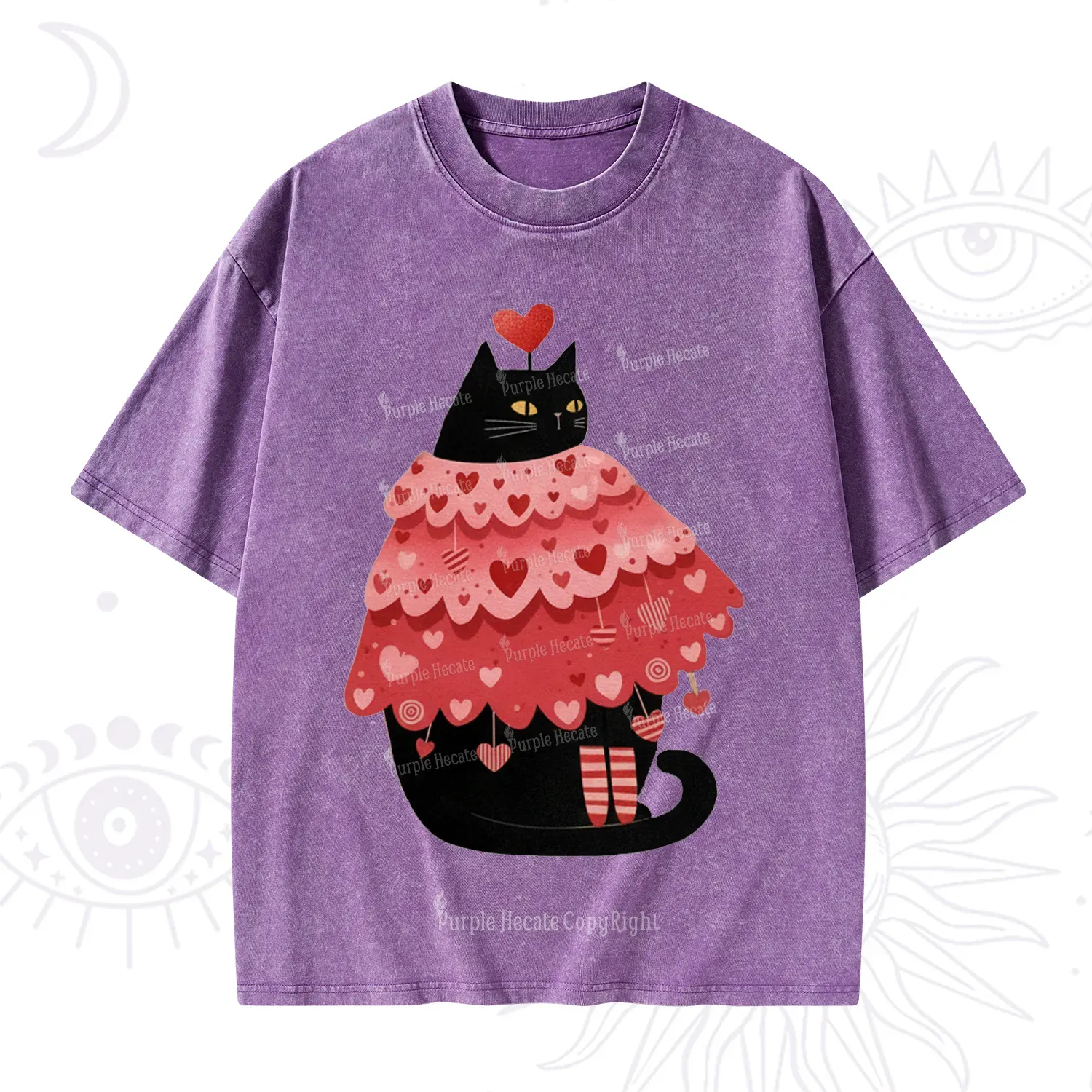 Purplehecate Funny Black Cat in Heart Dress Valentine Washed T-Shirt
