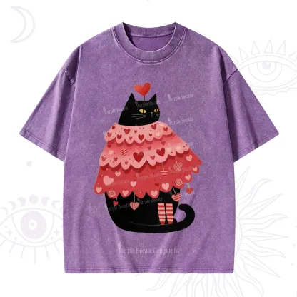 Purplehecate Funny Black Cat in Heart Dress Valentine Washed T-Shirt