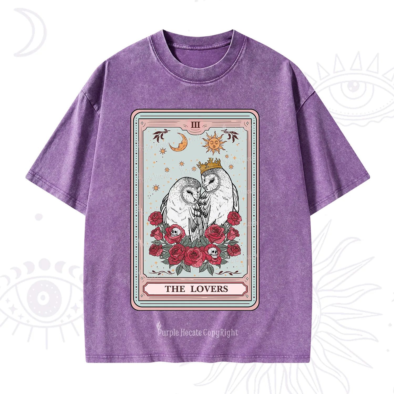 Purplehecate The Lovers Owls Tarot Card Washed T-Shirt