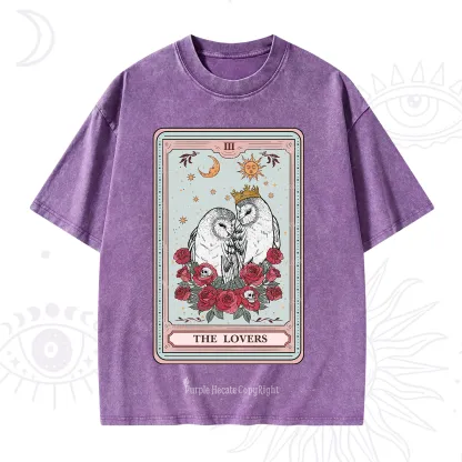 Purplehecate The Lovers Owls Tarot Card Washed T-Shirt