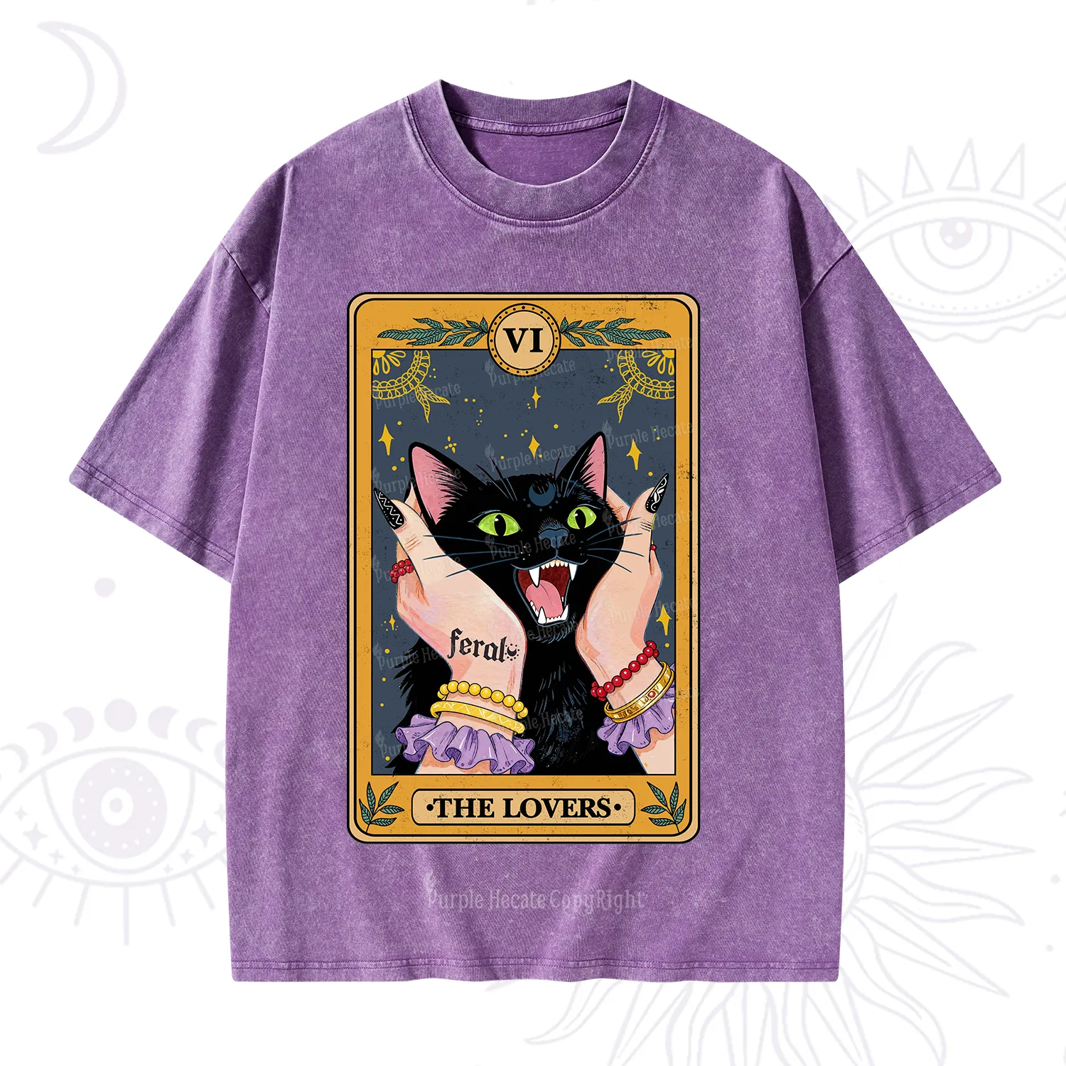 Purplehecate The Lovers Tarot Feral Cat Washed T-Shirt