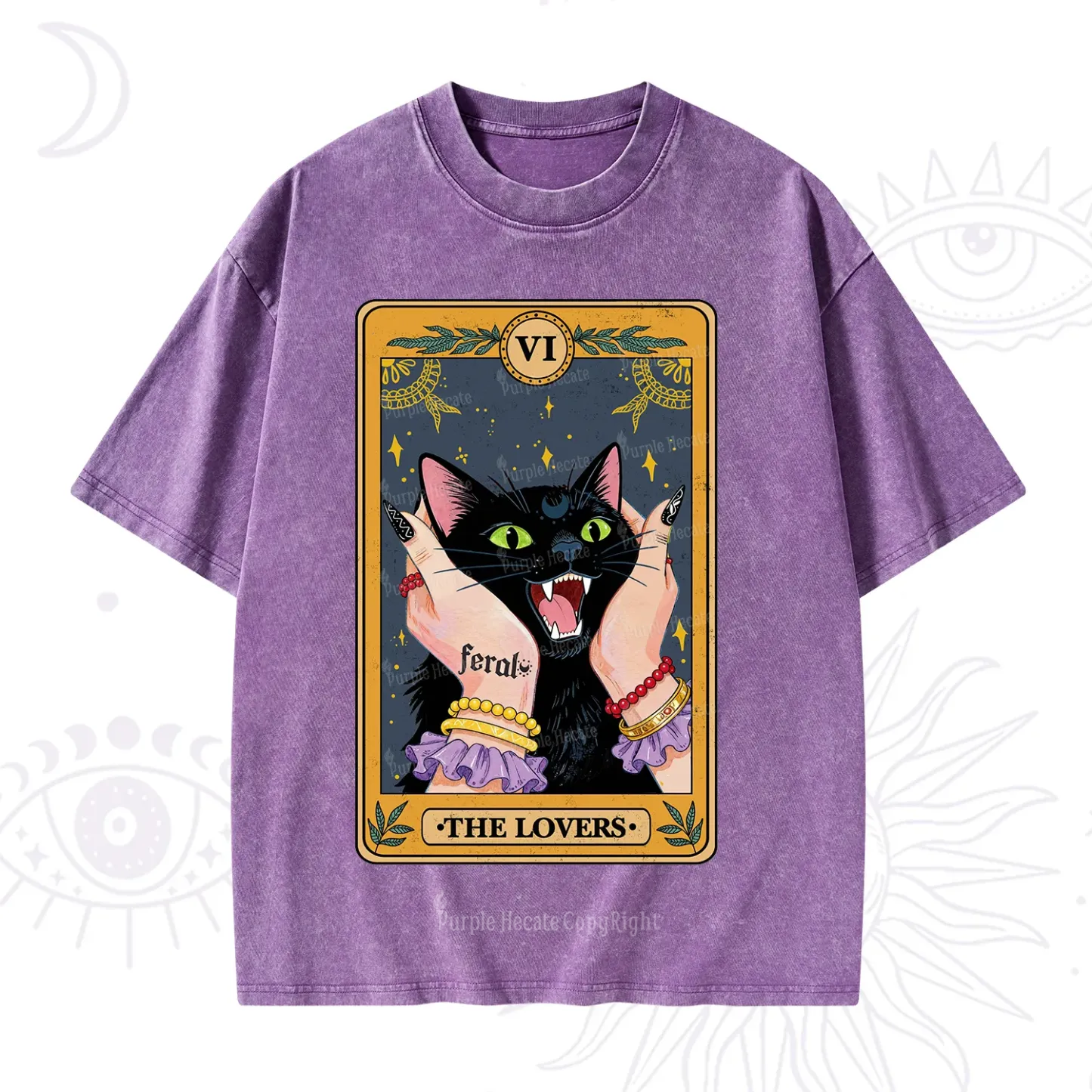 Purplehecate The Lovers Tarot Feral Cat Washed T-Shirt